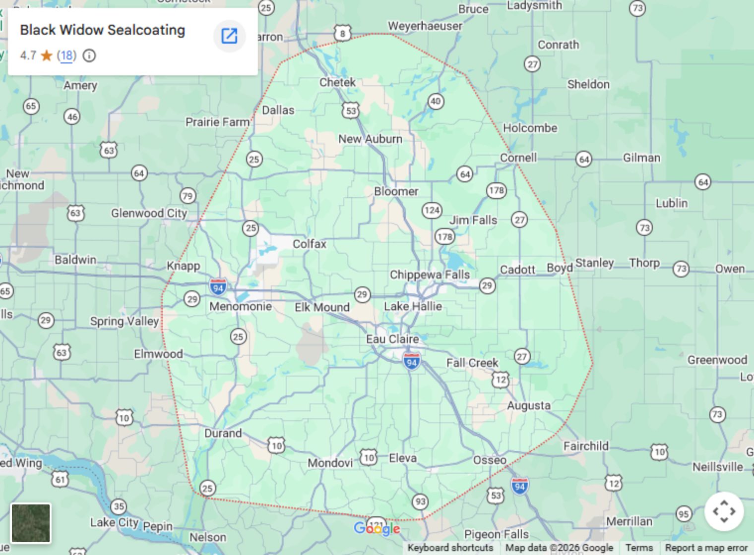 Map of the Black Widow Sealcoating service area around Eau Claire, from our Google Business Profile